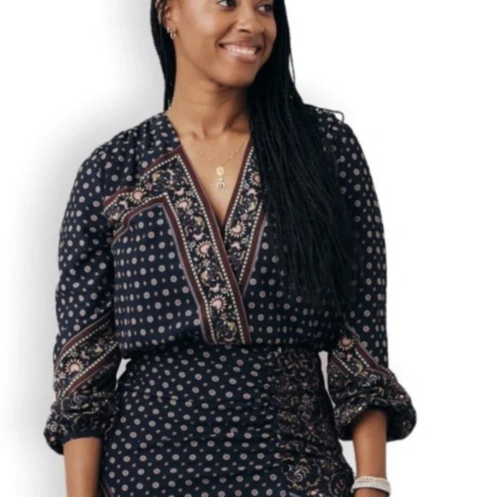 JONATHAN SIMKHAI Scarf Print Peasant Faux Wrap Long Sleeve Blouse US XS NWT